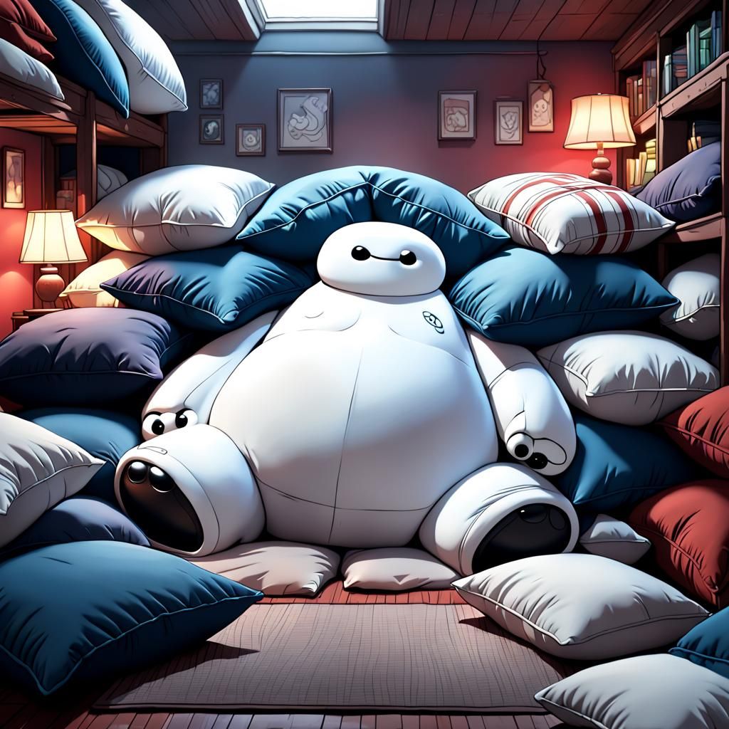 Adorable Baymax Hiding Under Pillows: Fantasy Concept Art