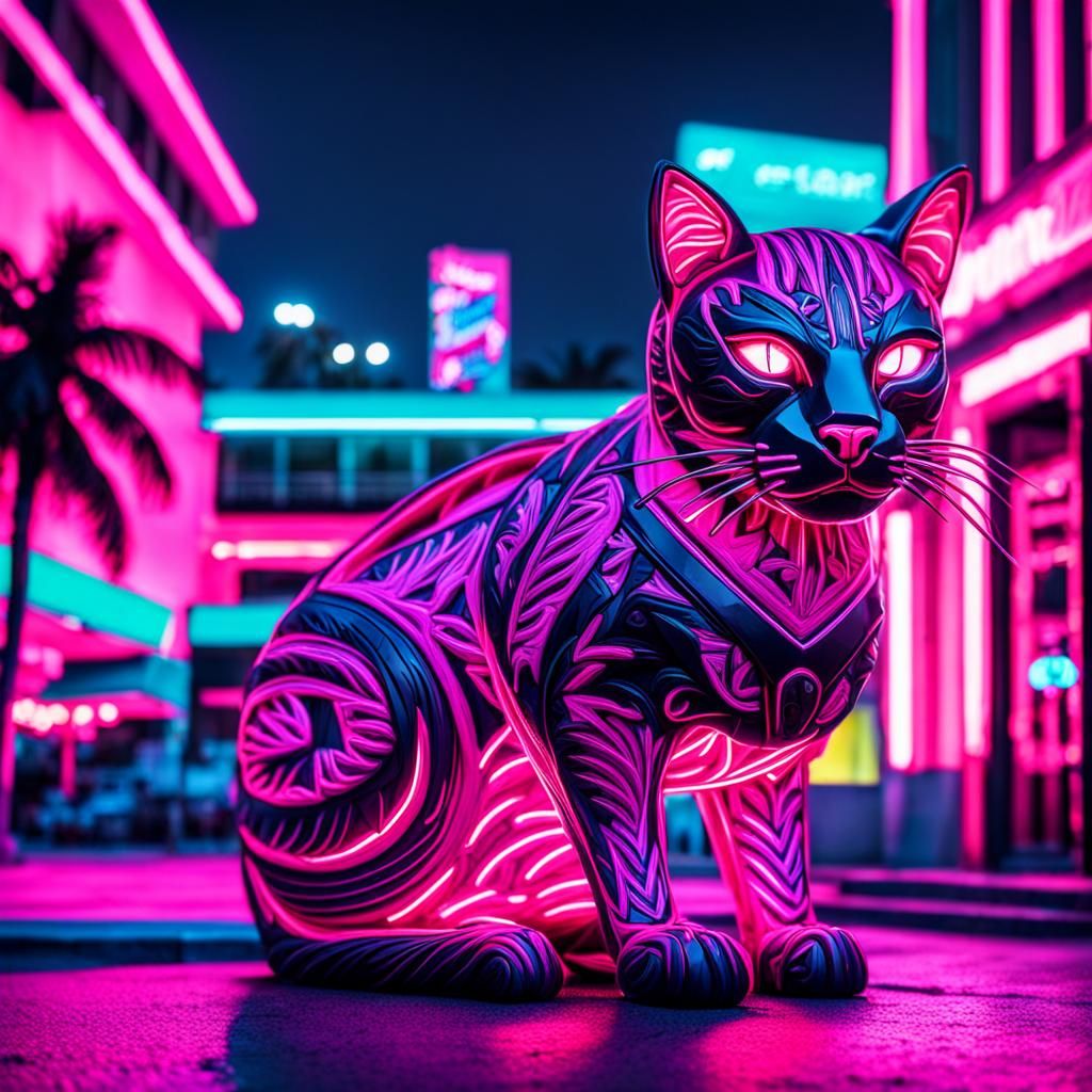Hyperrealistic Neon Pink Cat Lost in Miami Beach