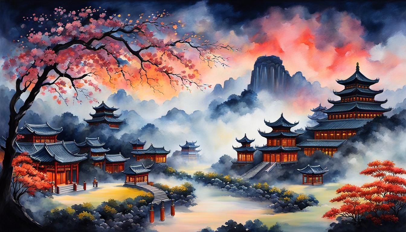 Ancient China Midnight Scene in Acrylic Art