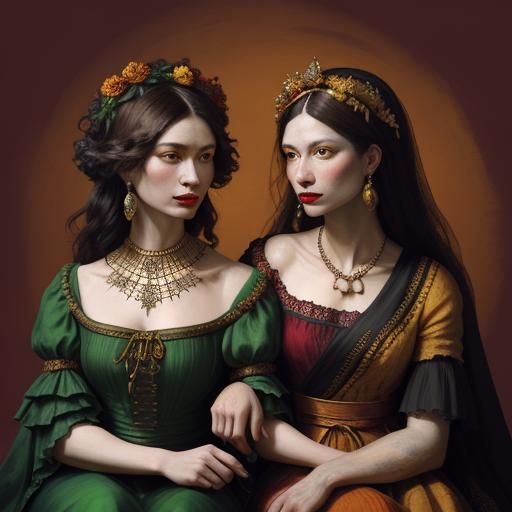 Women with Gold Skin and Flower Crown as Renaissance Paintin...