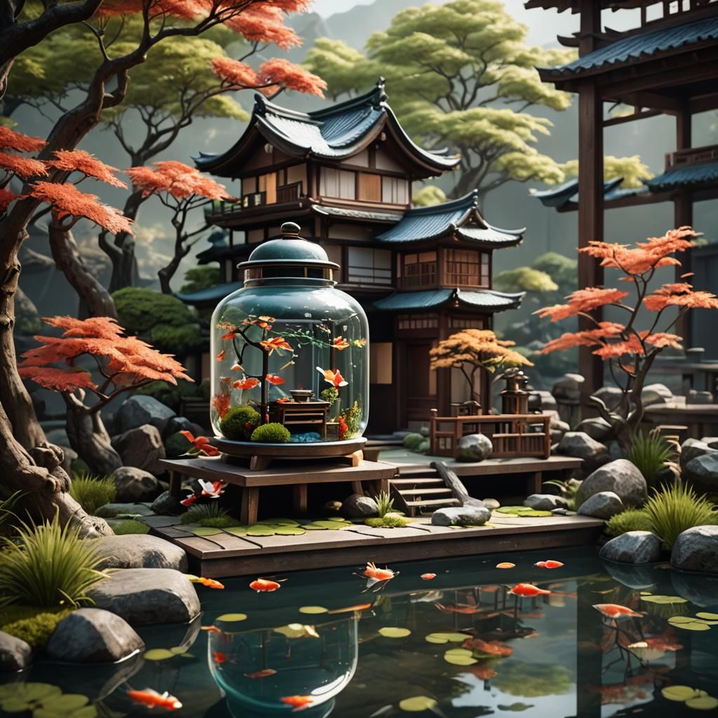 Miniature Japanese Garden and Koi Pond in a Jar