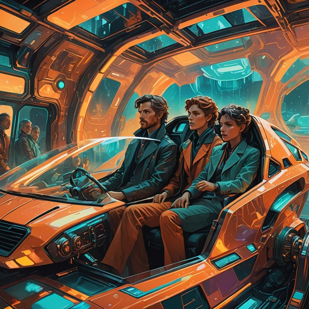 Futuristic Vehicle Conversation: Cinematic Oil Painting