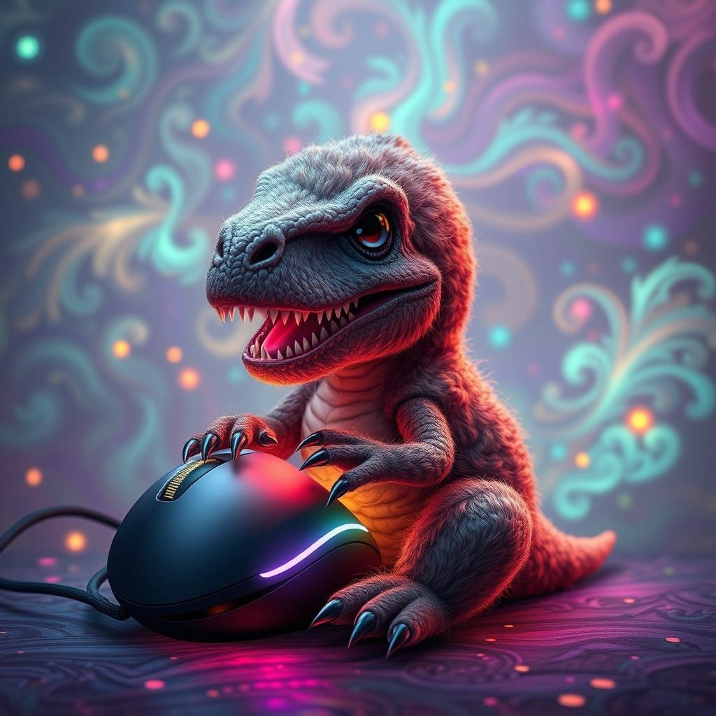 Adorable Wooly T-Rex Holds Glowing Computer Mouse