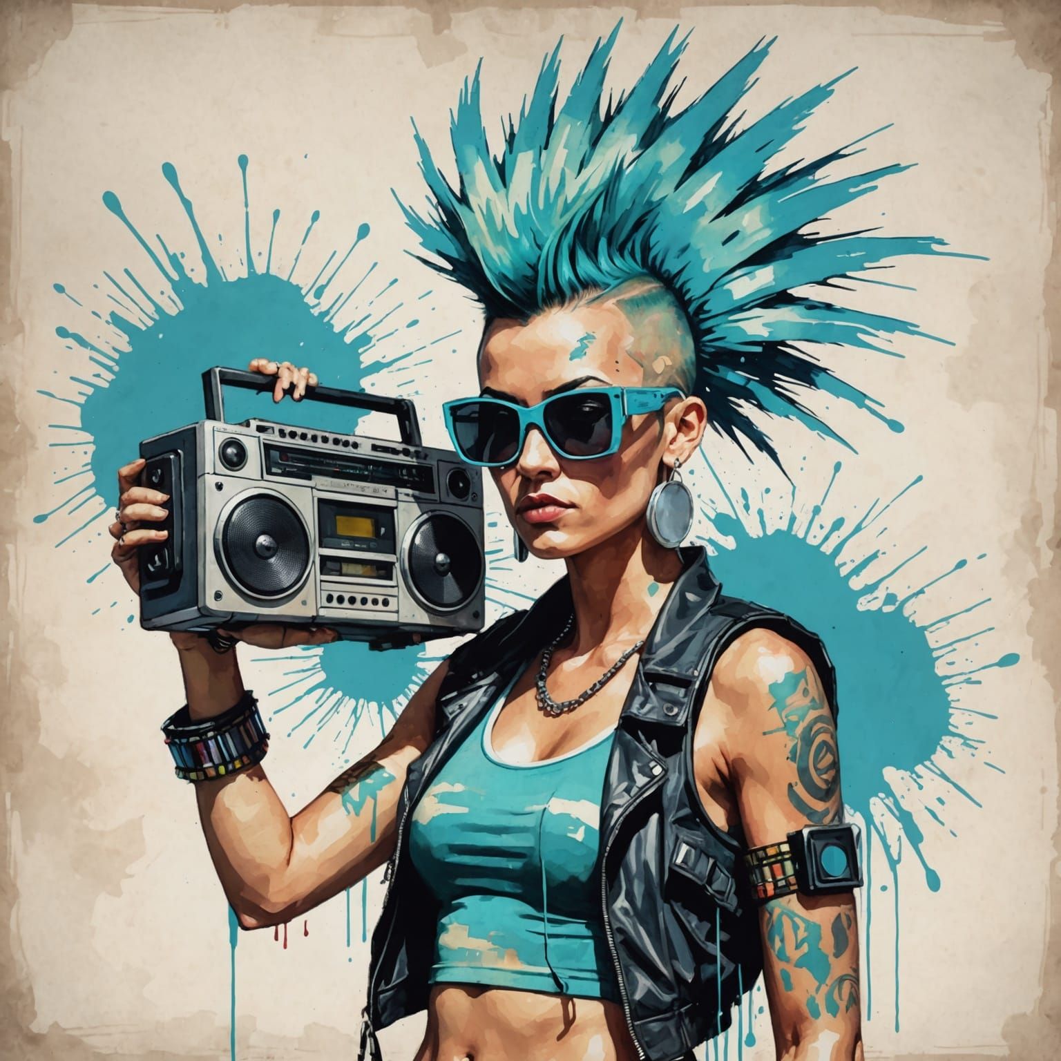 Cyberpunk Woman with Boombox, Watercolor Style