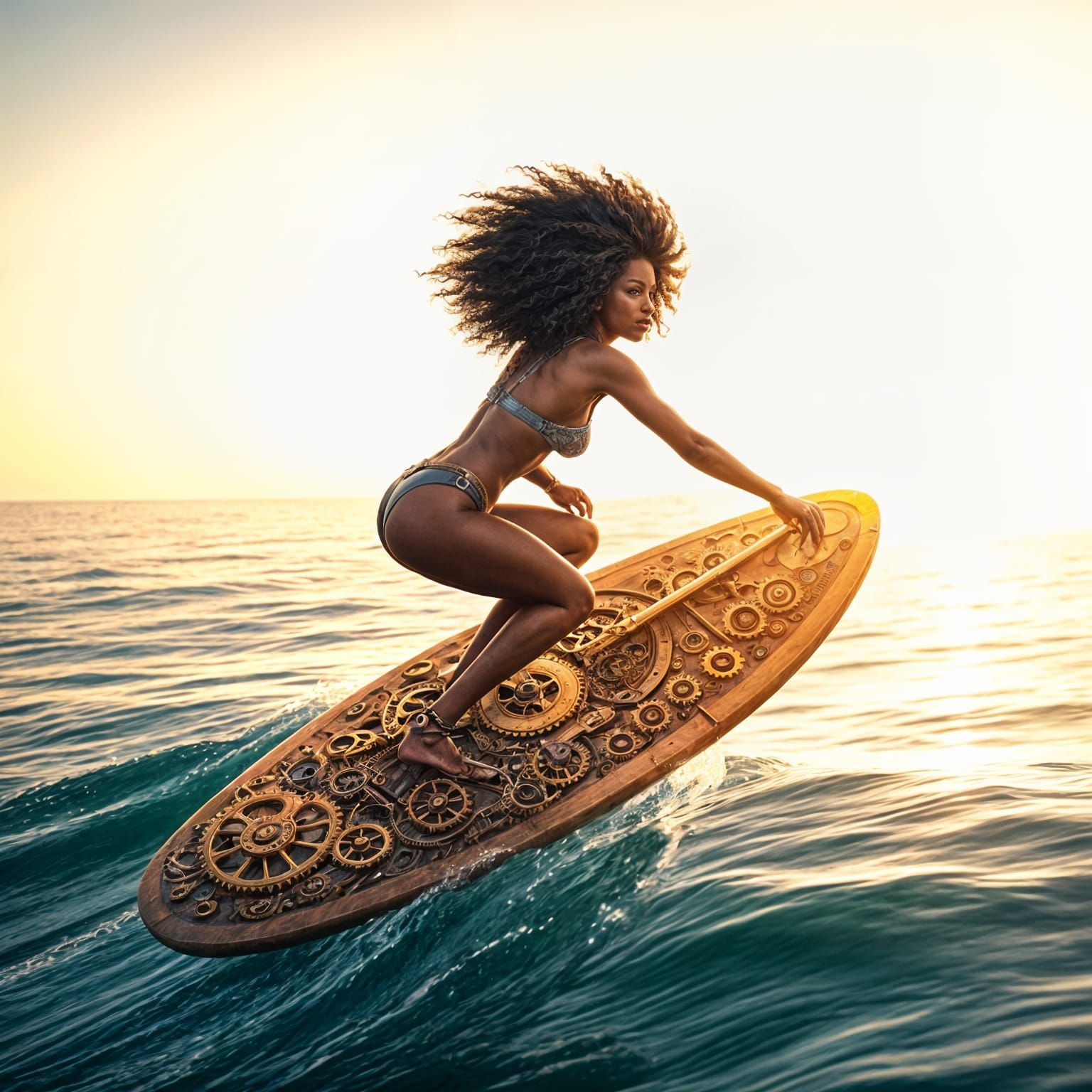 A Modern Black Surfer Rides the Waves with Steampunk Flair