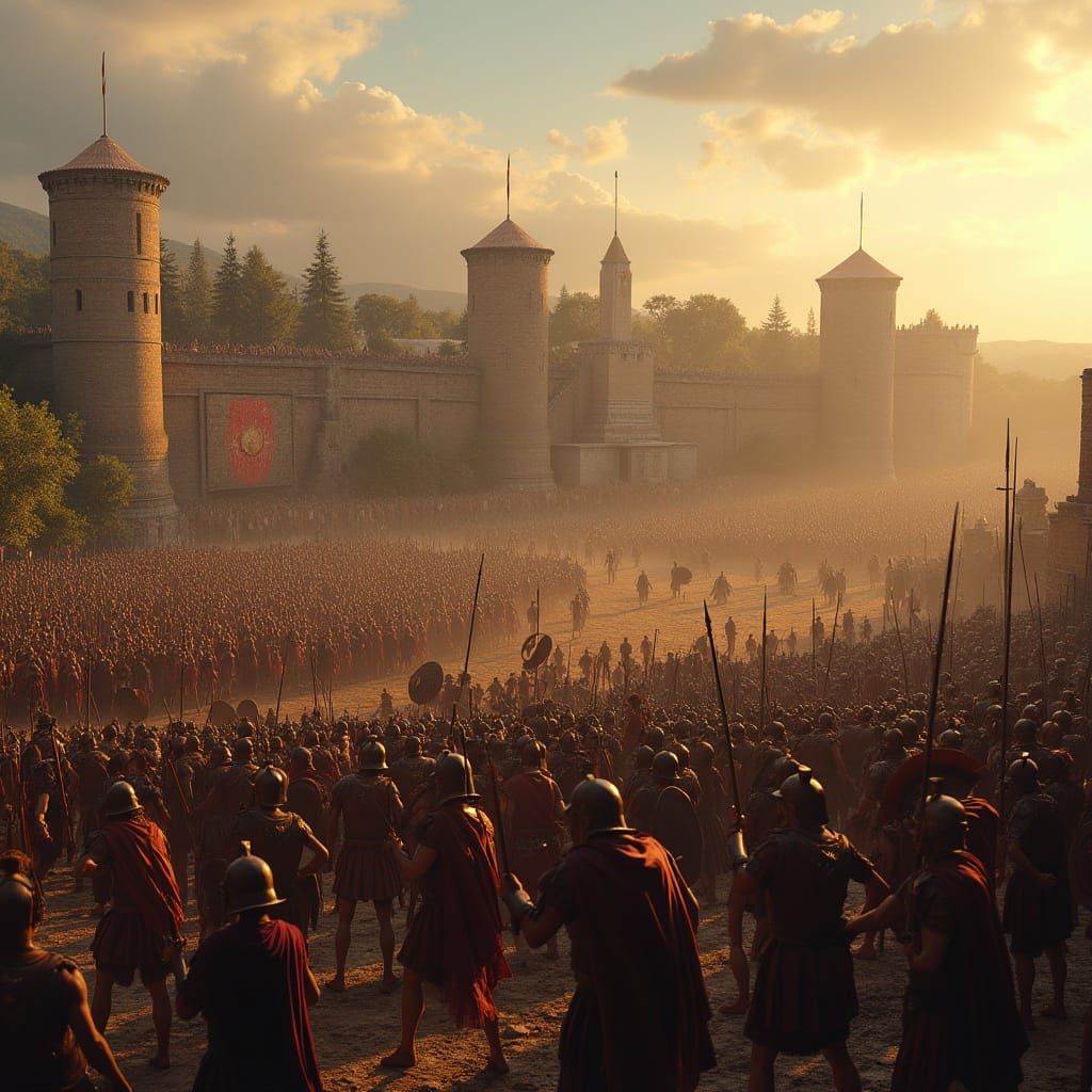 Ancient Greek and Trojan Warriors Clash Under Troy's Dusk Sk...