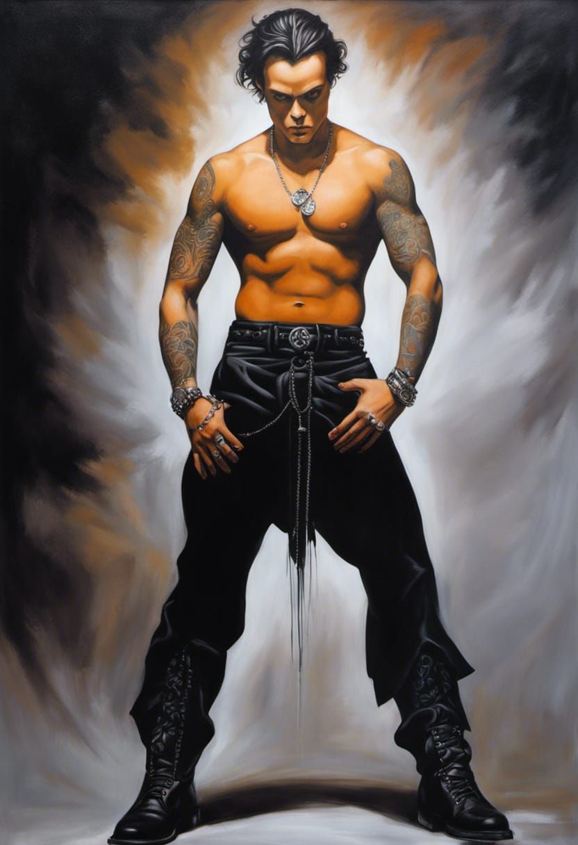 Gothic Acrylic Portrait with Tattoos and Intense Eyes