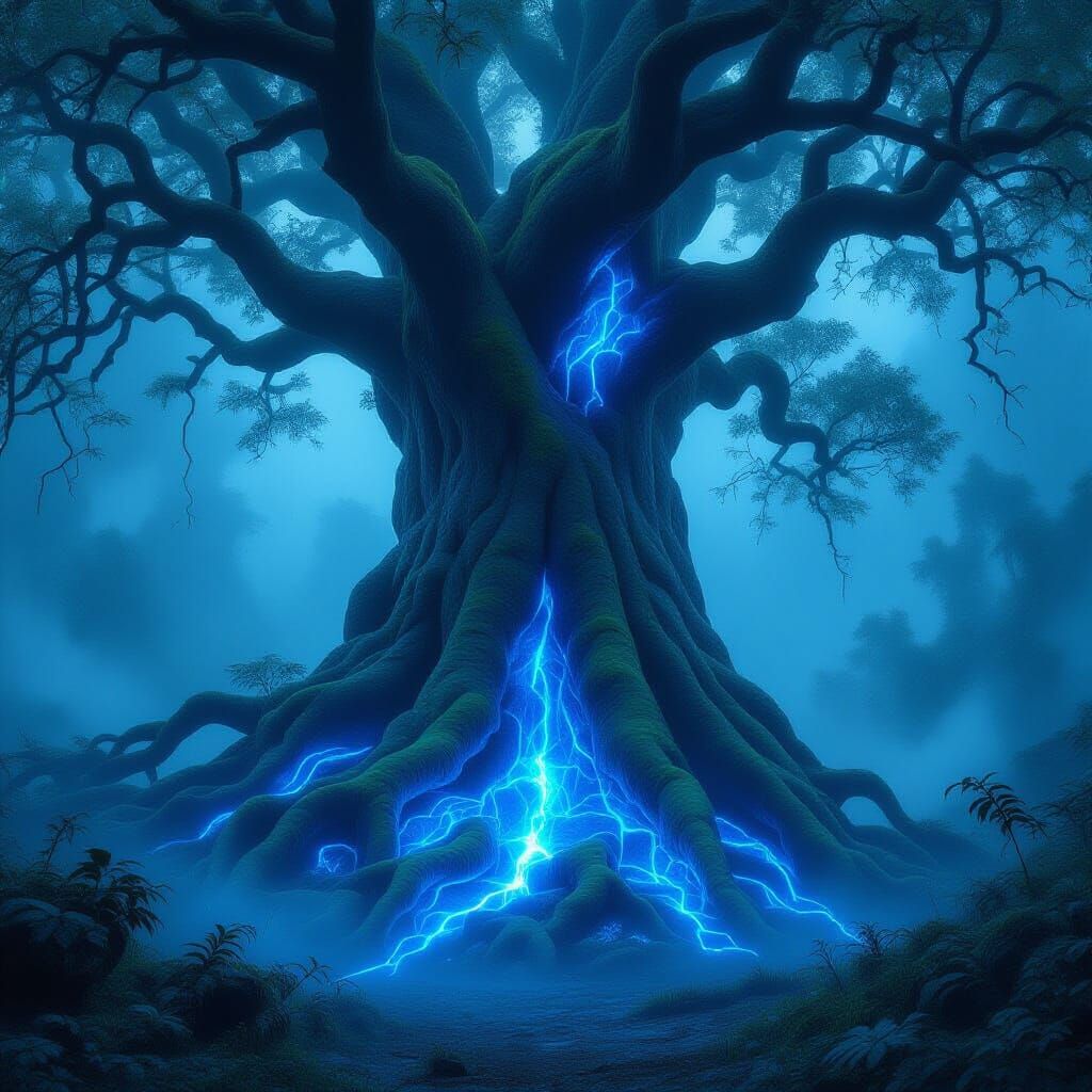 Ancient Glowing Tree in Misty Forest, Fantasy Concept Art