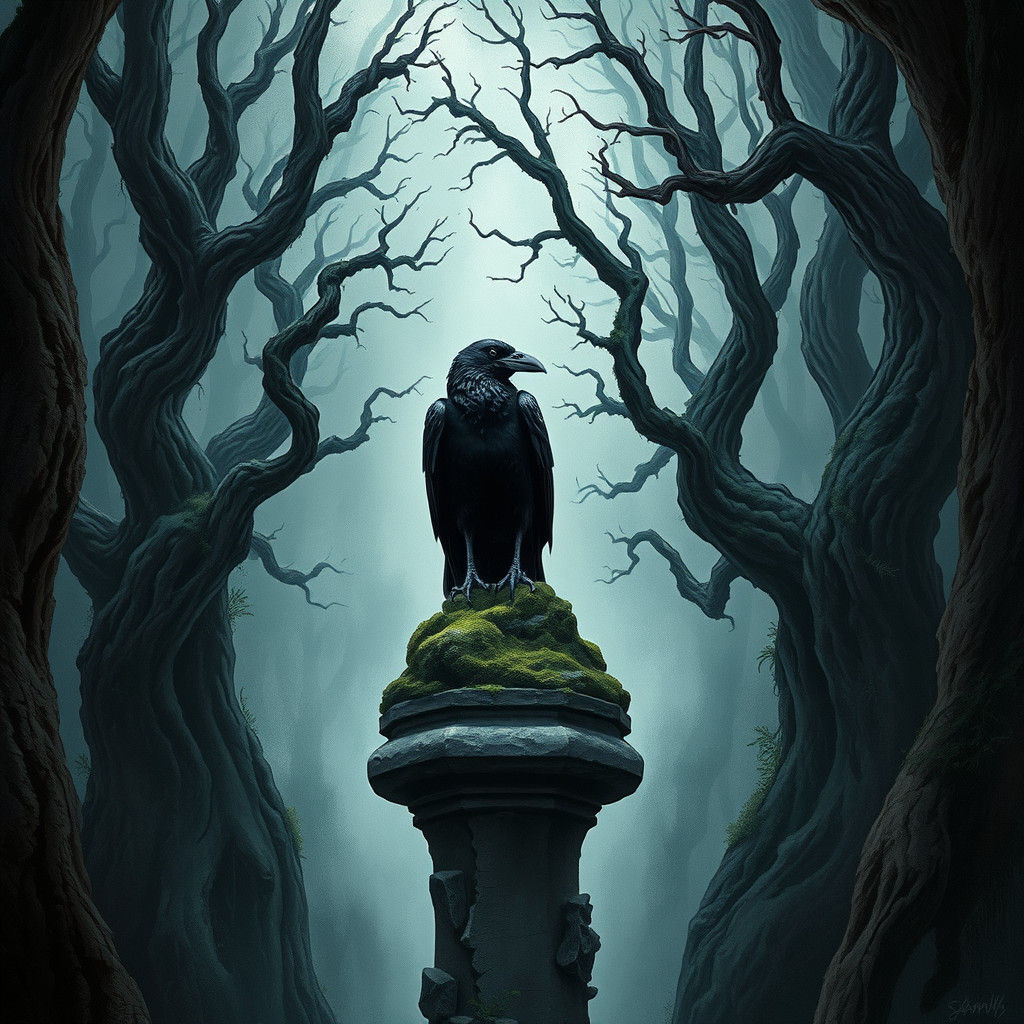 Mysterious Raven in Dark Forest, Gothic Illustration