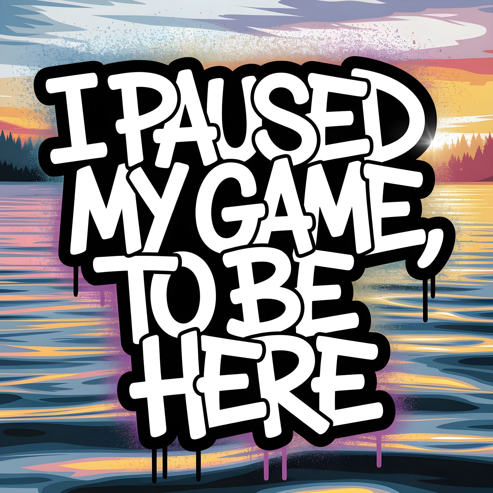 Vibrant Graffiti Art of Lake Scene with Melting Text