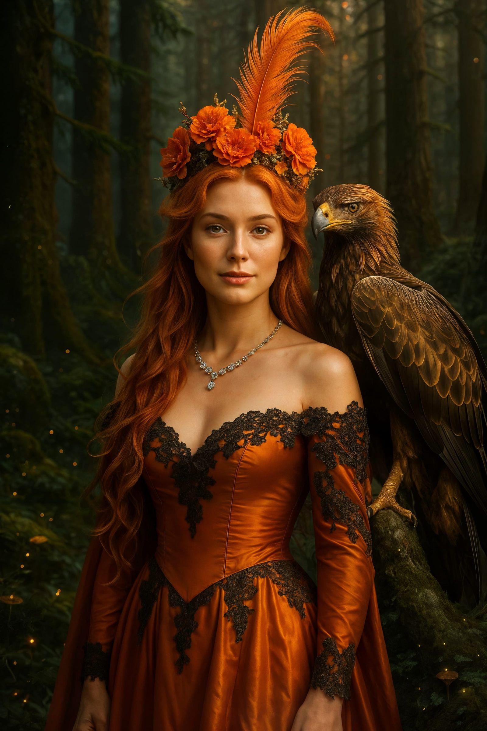 Orange Haired Woman with Eagle in Mystic Forest