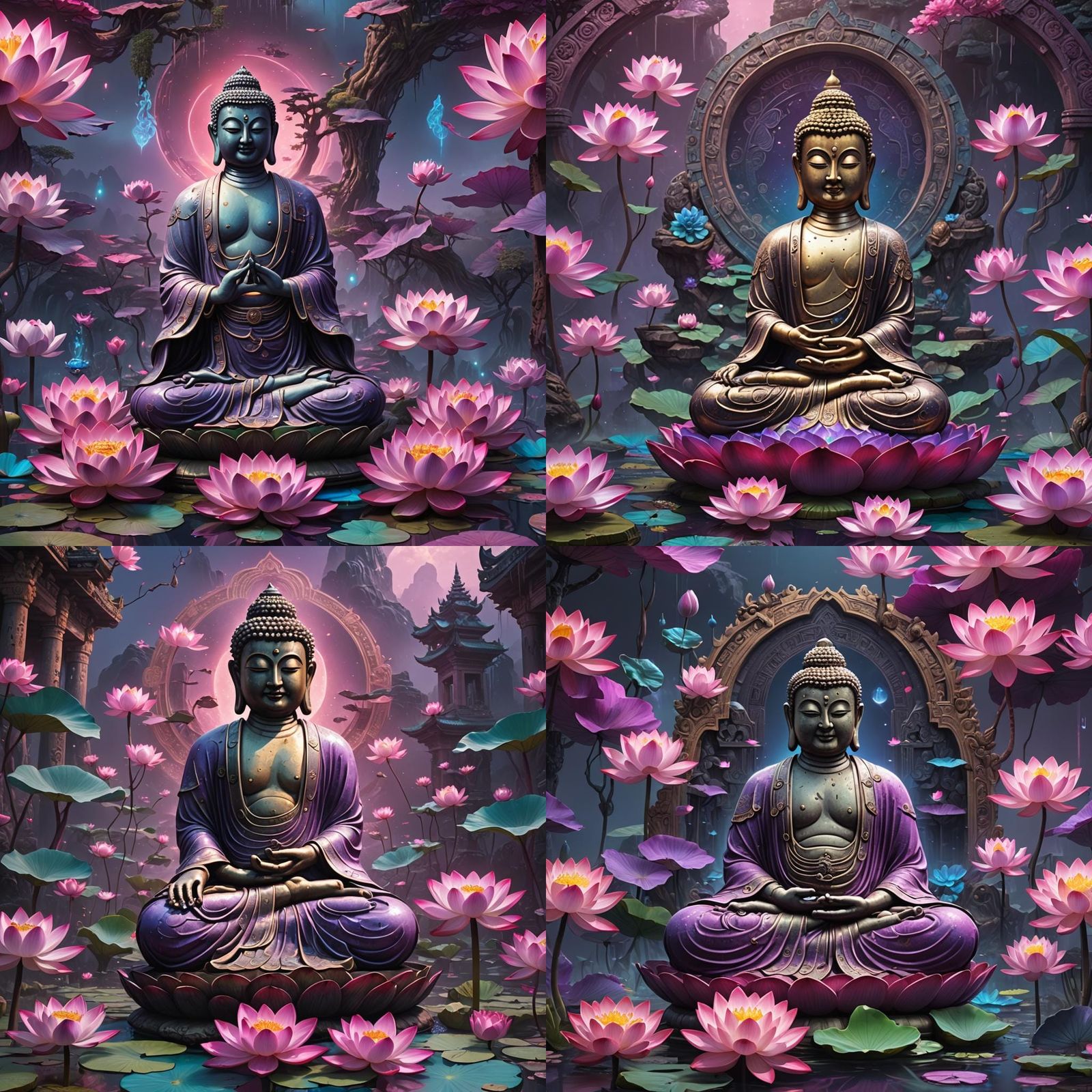 Mystical Buddha and Lotus Flowers in Deep Color
