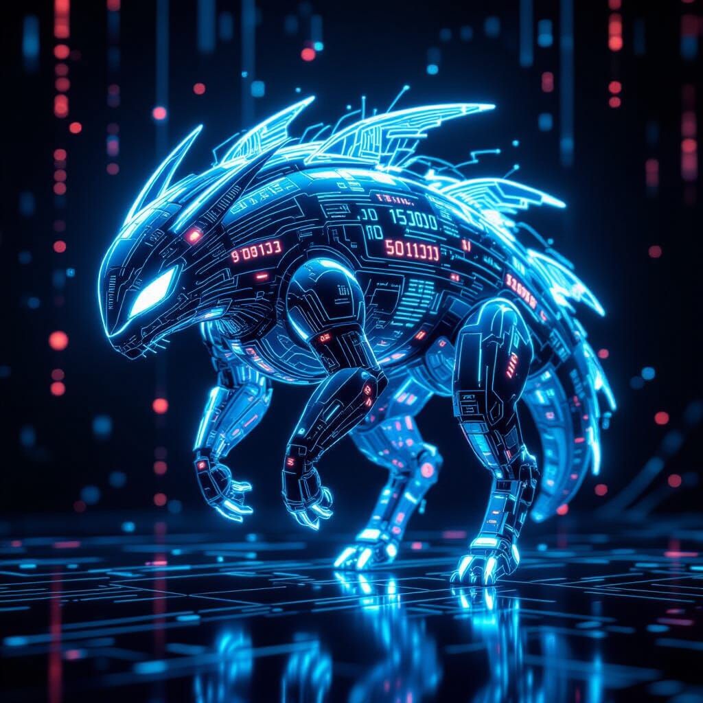 Majestic Digital Creature of Light with Glowing Circuits