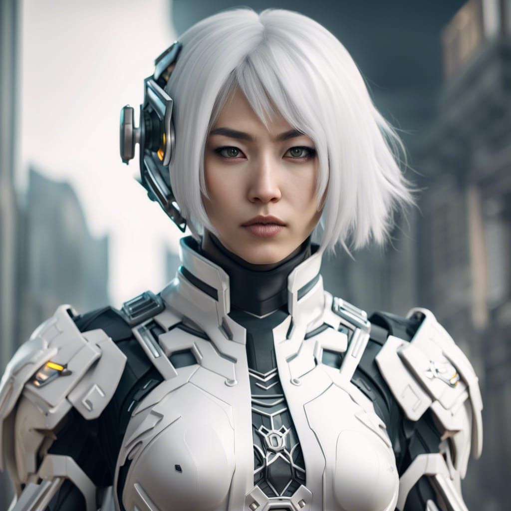 Asian Soldier in Cybersuit with Short White Hair