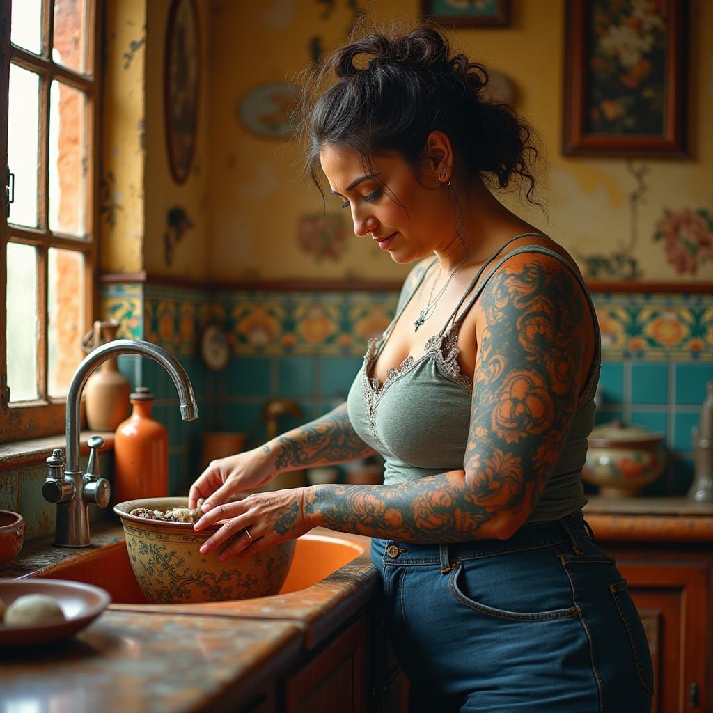 Sensual Spanish Woman in Warm Kitchen Scene