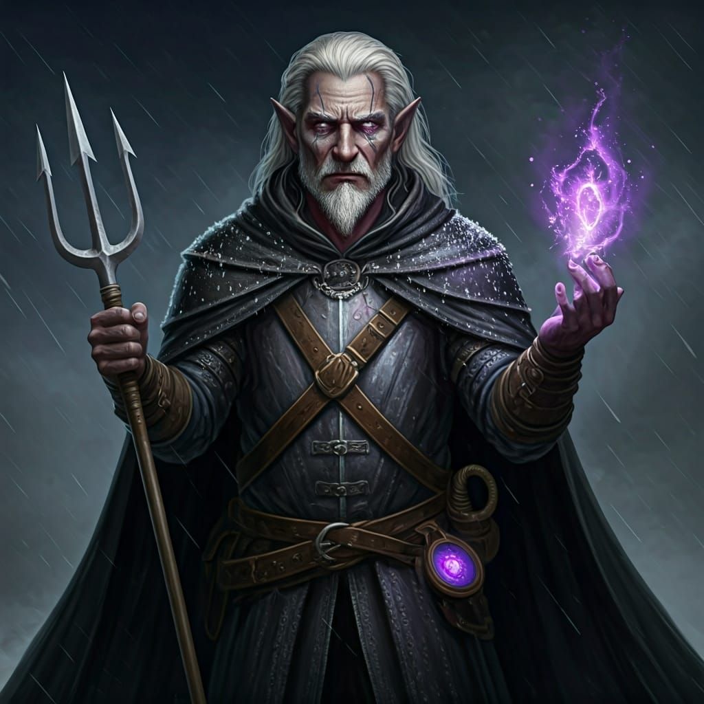 Weathered Drow Seafarer with Trident and Compass