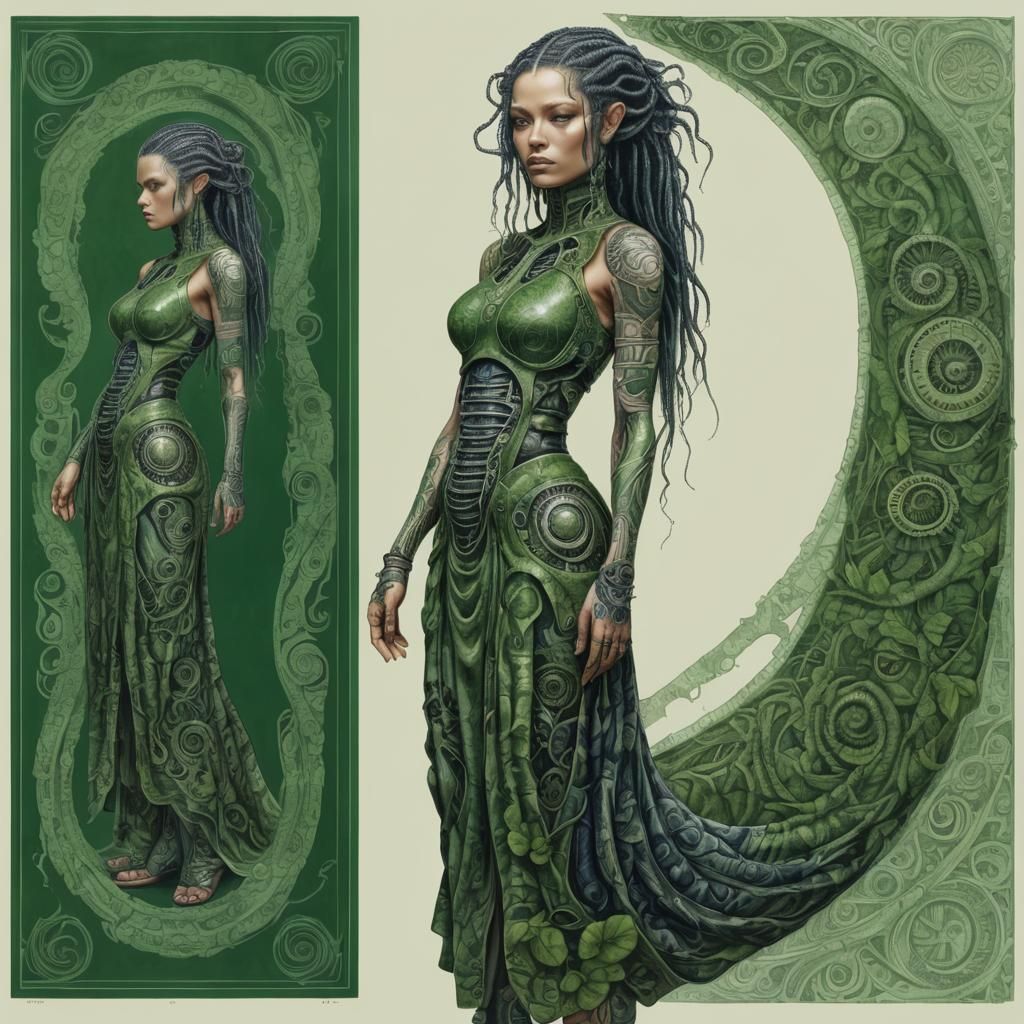 Cyborg Woman in Green, HR Giger Style