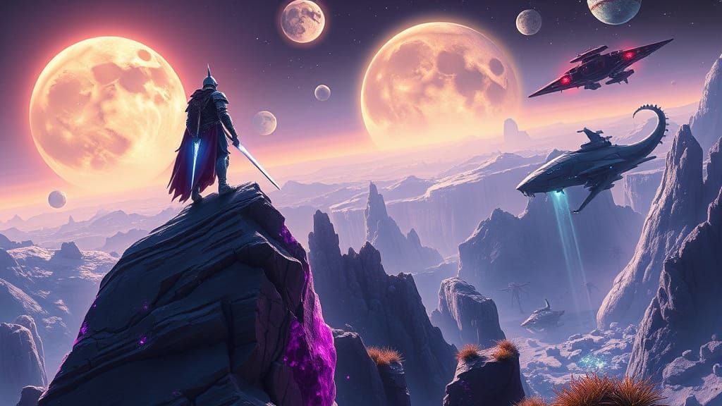 Ethereal Starblade Knight in Hyper-Realistic Virelian Landsc...