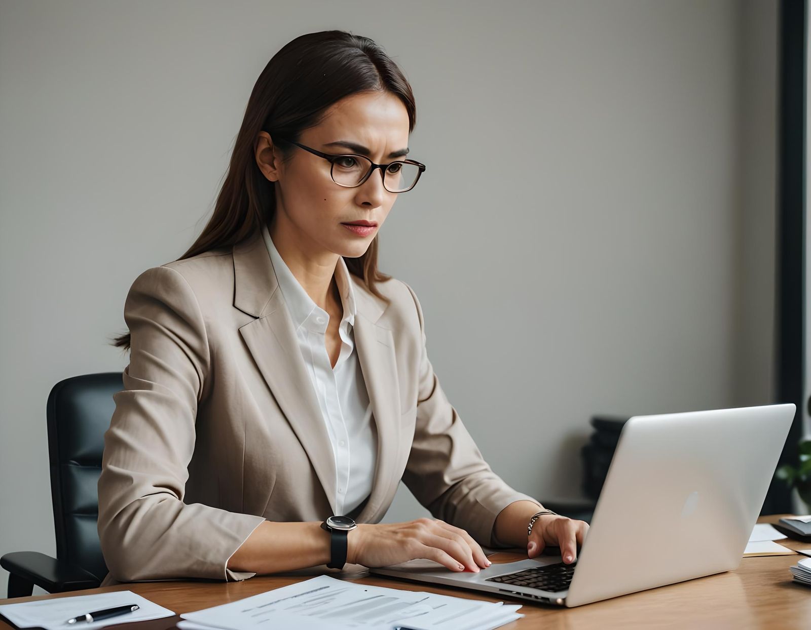 Businesswoman Working in Office with Laptop
