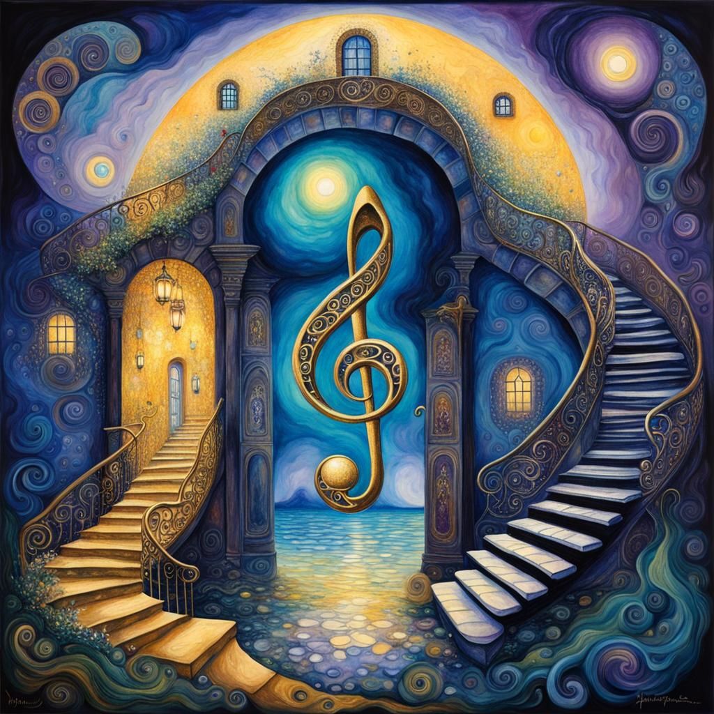 Surreal Treble Clef Key Opens Piano Staircase