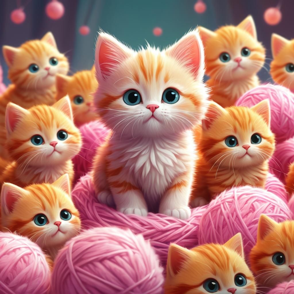 Whimsical Ginger Kitten Gathering in Pastel Hues Digital Ill...