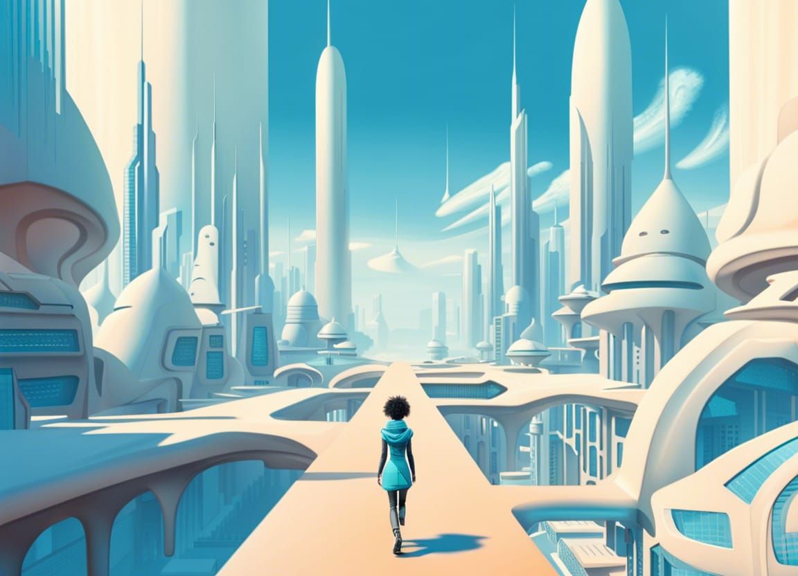 Futuristic Girl Walks in a Cyberpunk City