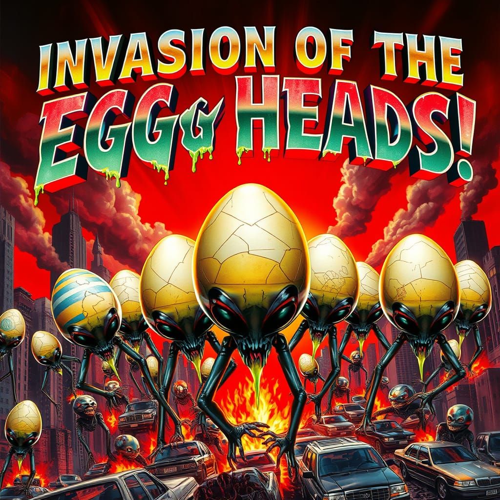 Invasion of the Egg Heads! in Retro Pulp Comic Horror Style