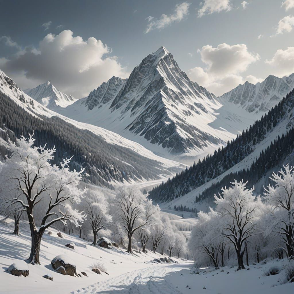 Majestic Snowy Mountain Range in Eerie Winter Landscape