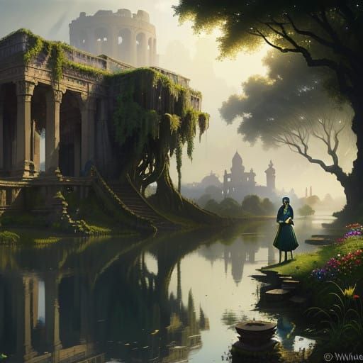 A Young Woman Stands on the Banks of a Tranquil River in a F...