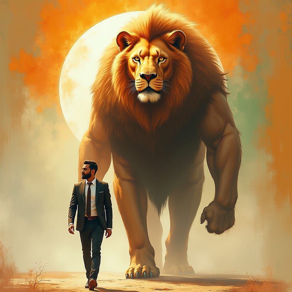 Majestic Lion Man Strolls with Suited Companion under Indian...