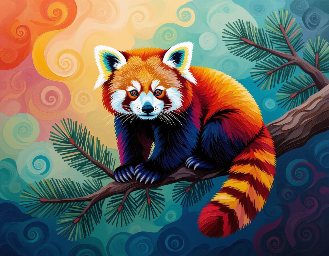 Red Panda Climbing Pine Branch in Surreal Impasto Style