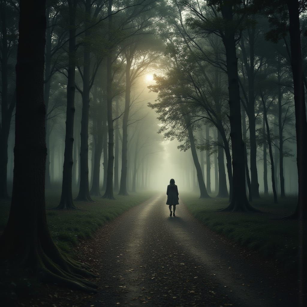Lost Girl in Dark Forest, Japanese Ink Brush Style