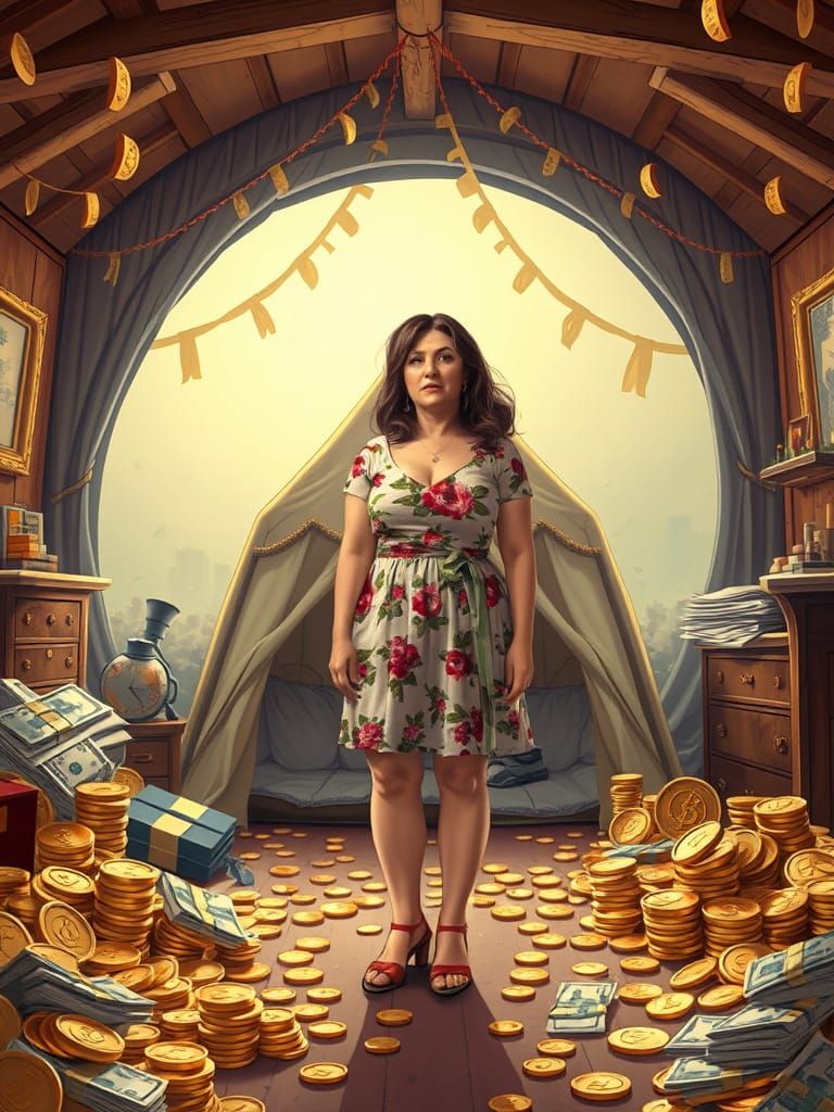 Woman Camping in Gold Coin Room: Hyperrealistic Style