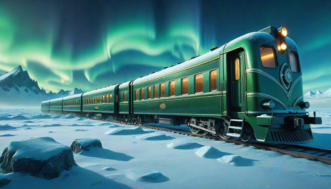Opulent Train Crosses Tundra Under Aurora