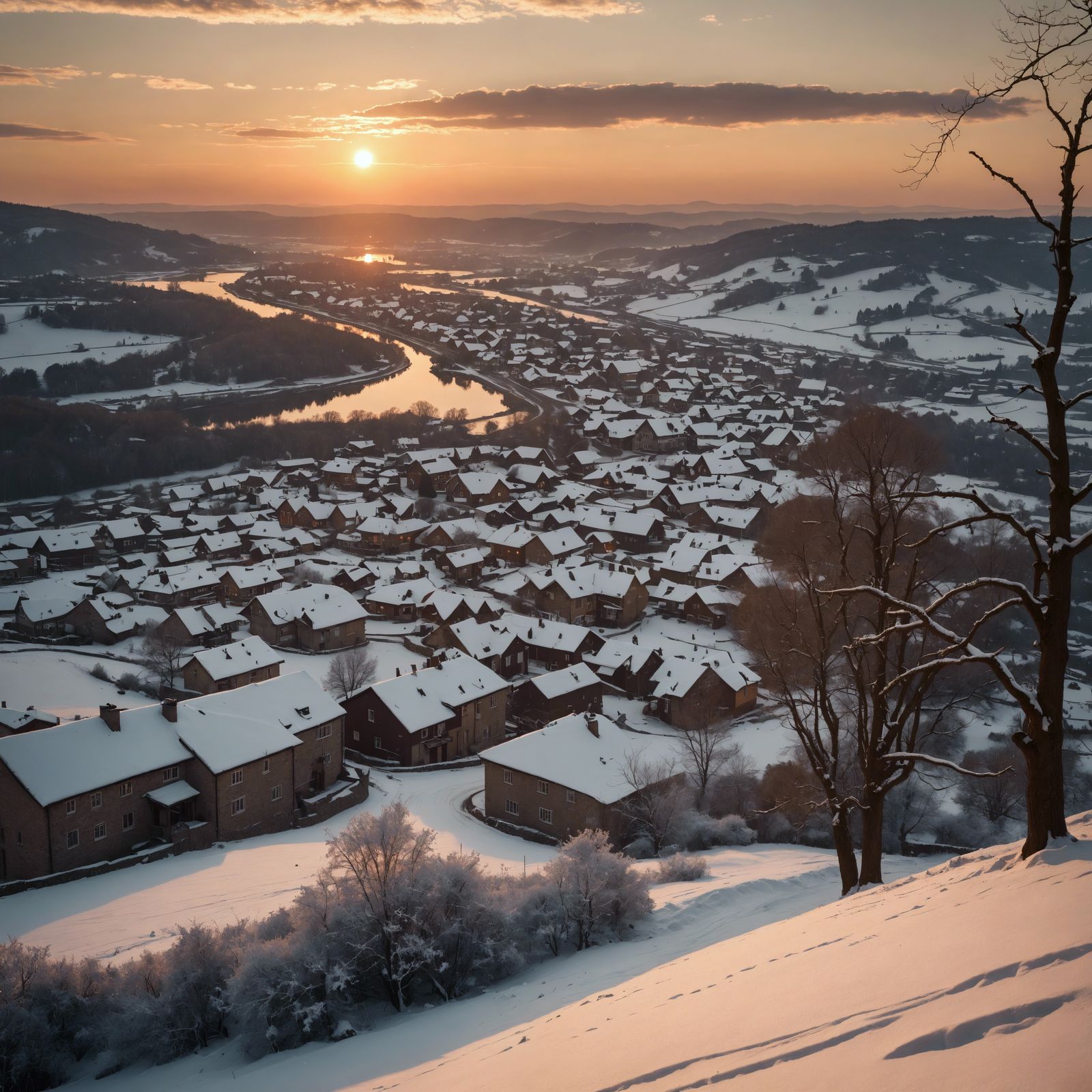 Dramatic Winter Sunset Over Village: Cinematic Film Still