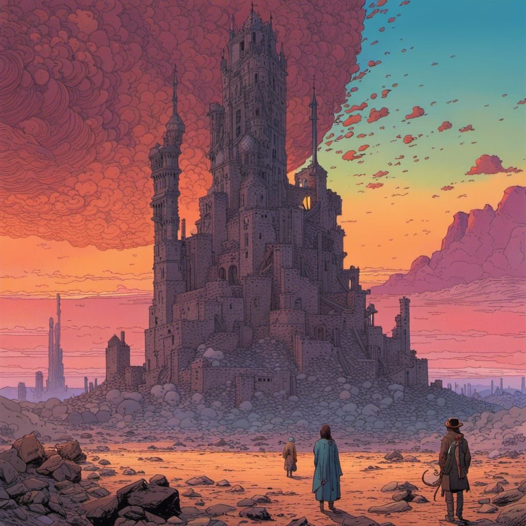 Desert Ruins at Twilight in Ligne Claire Style