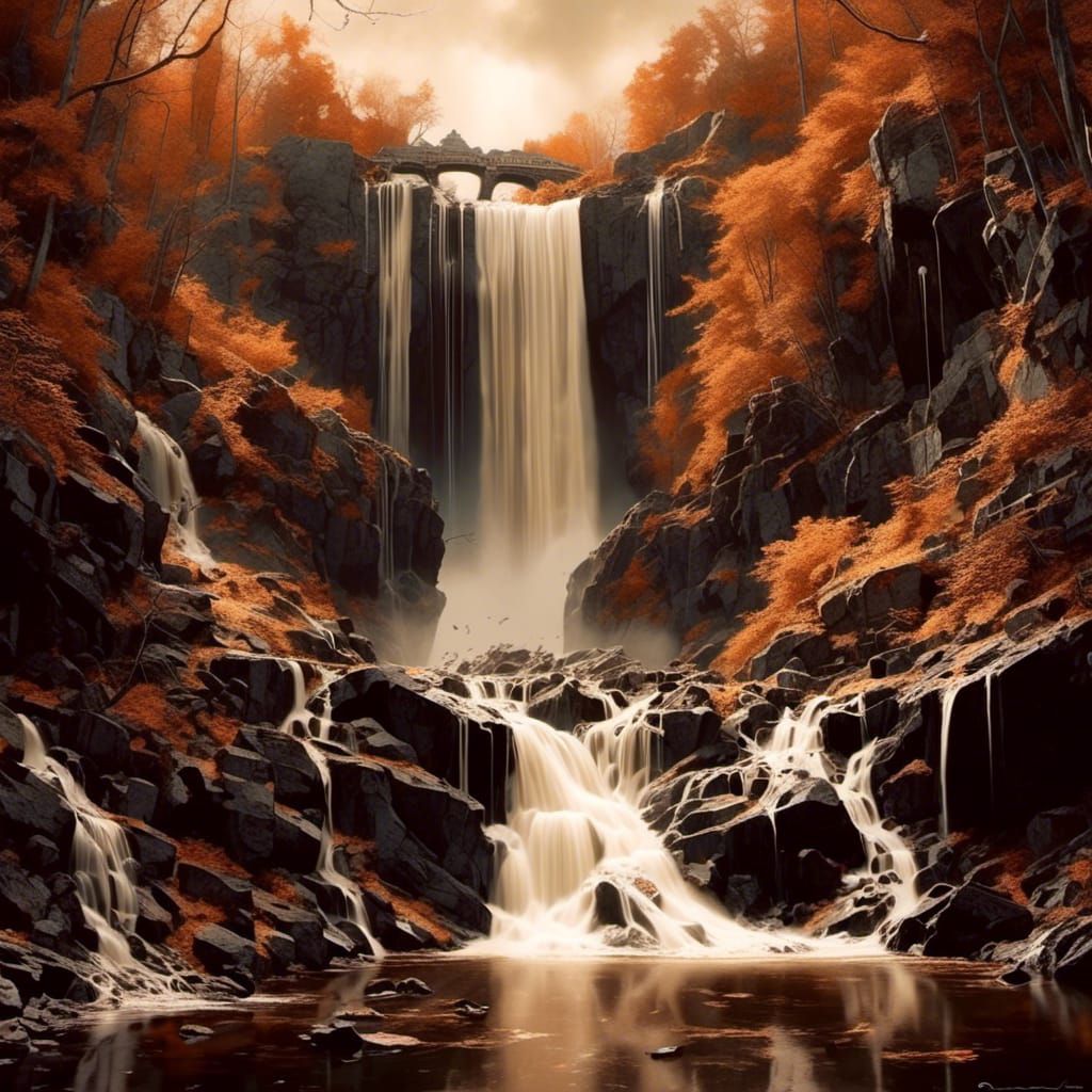 Cubist Waterfall in Sepia Tones with Dynamic Lighting