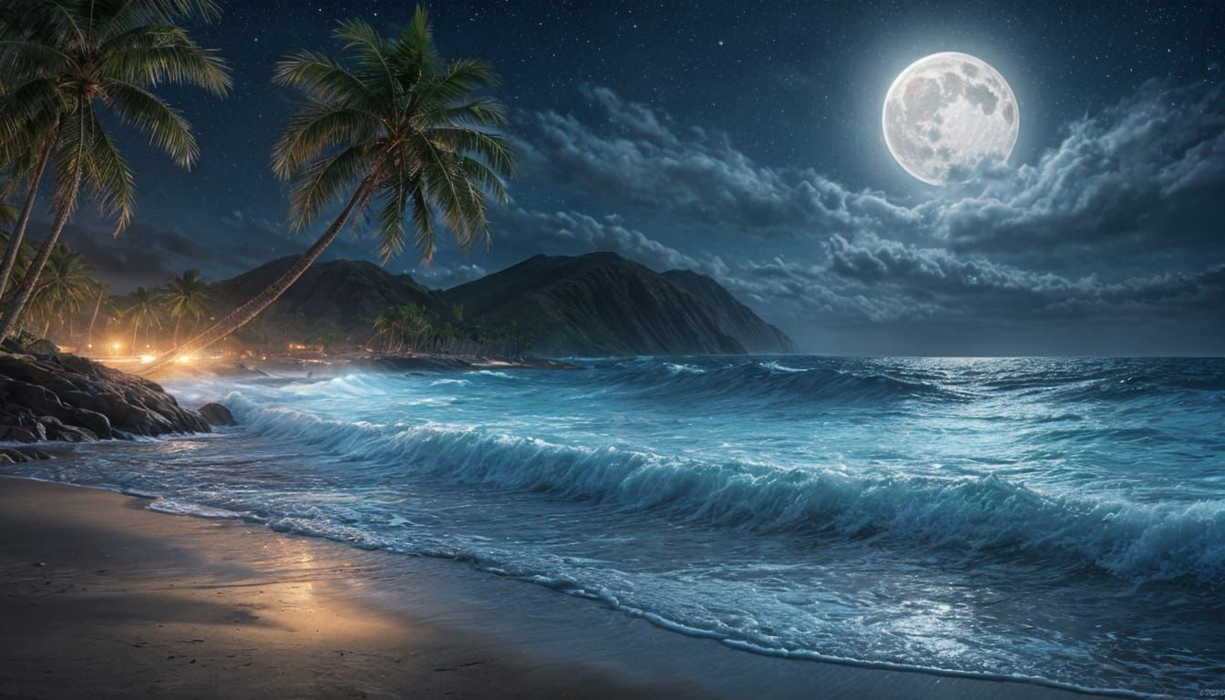 Moonlit Bioluminescent Beach in Hyperrealistic Style