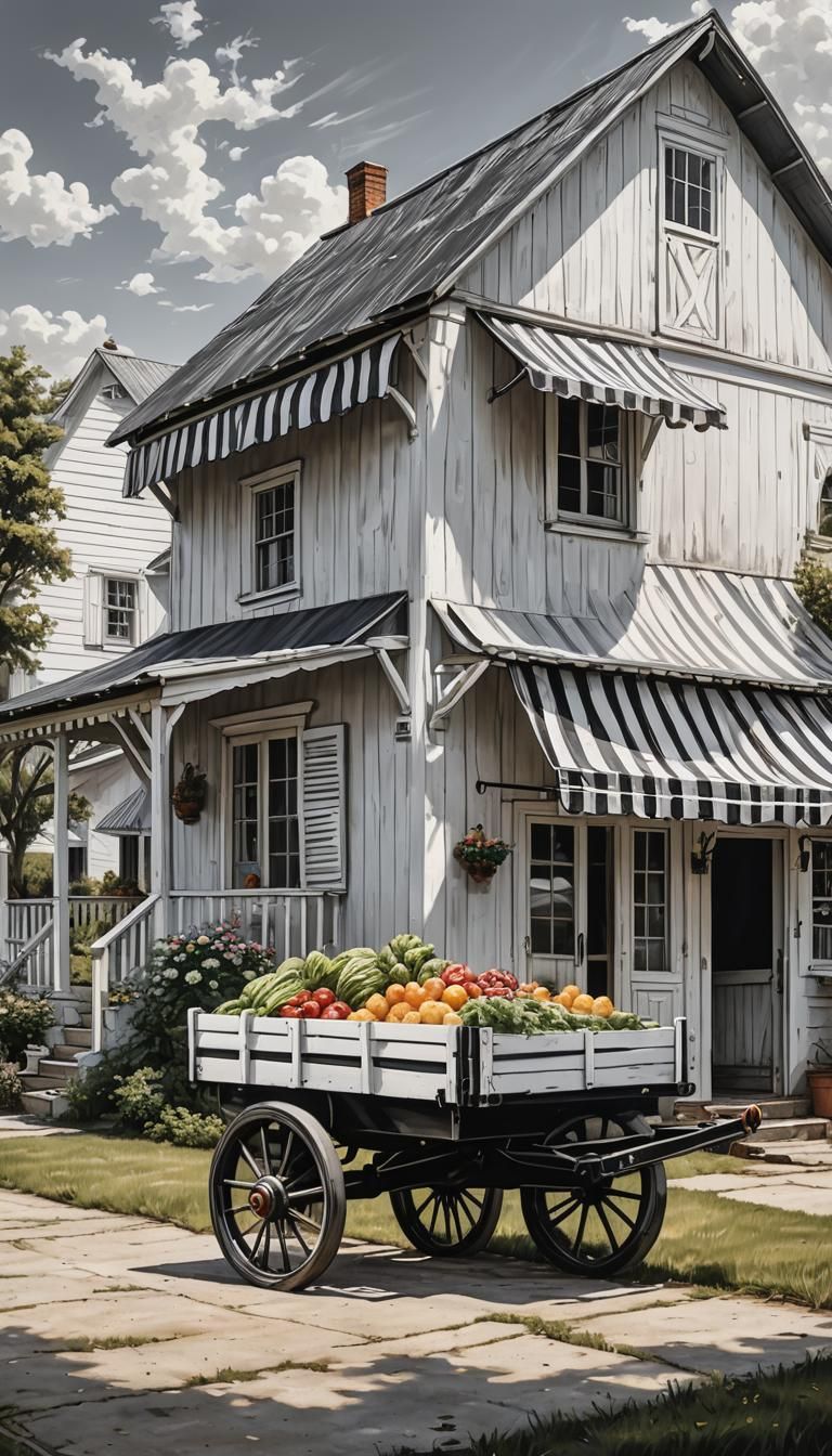 Farm Cart Next to White Farmhouse in Splash Art