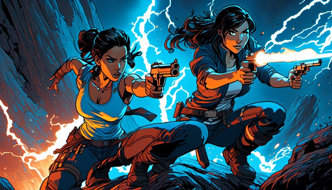 Comic-Style Woman with Gun in Explosive Lightning