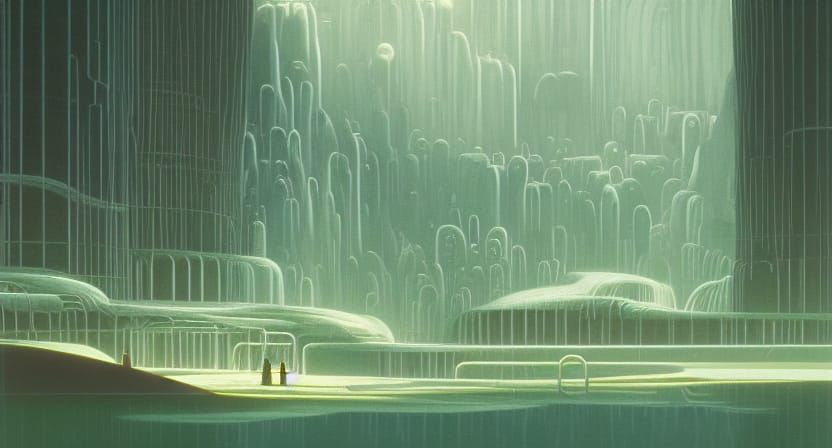 Subterranean City with Waterfalls in Futuristic Style