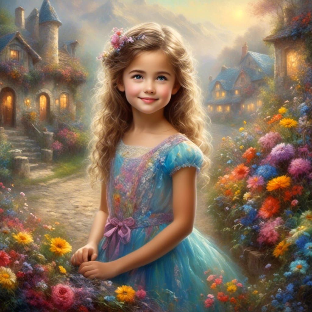 Beautiful Little Girl with Flowers in Chalk Art Style