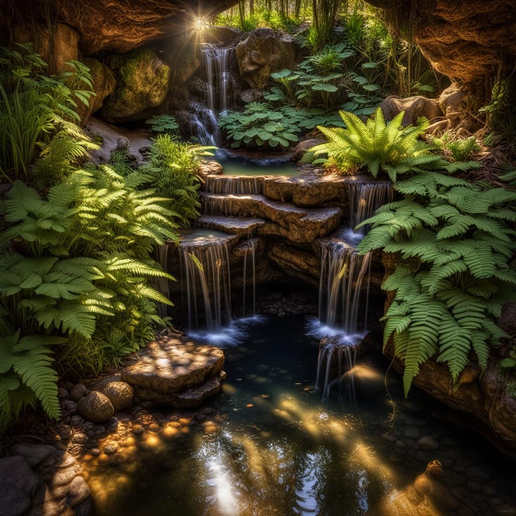 Tranquil Grotto with Waterfall at Golden Hour
