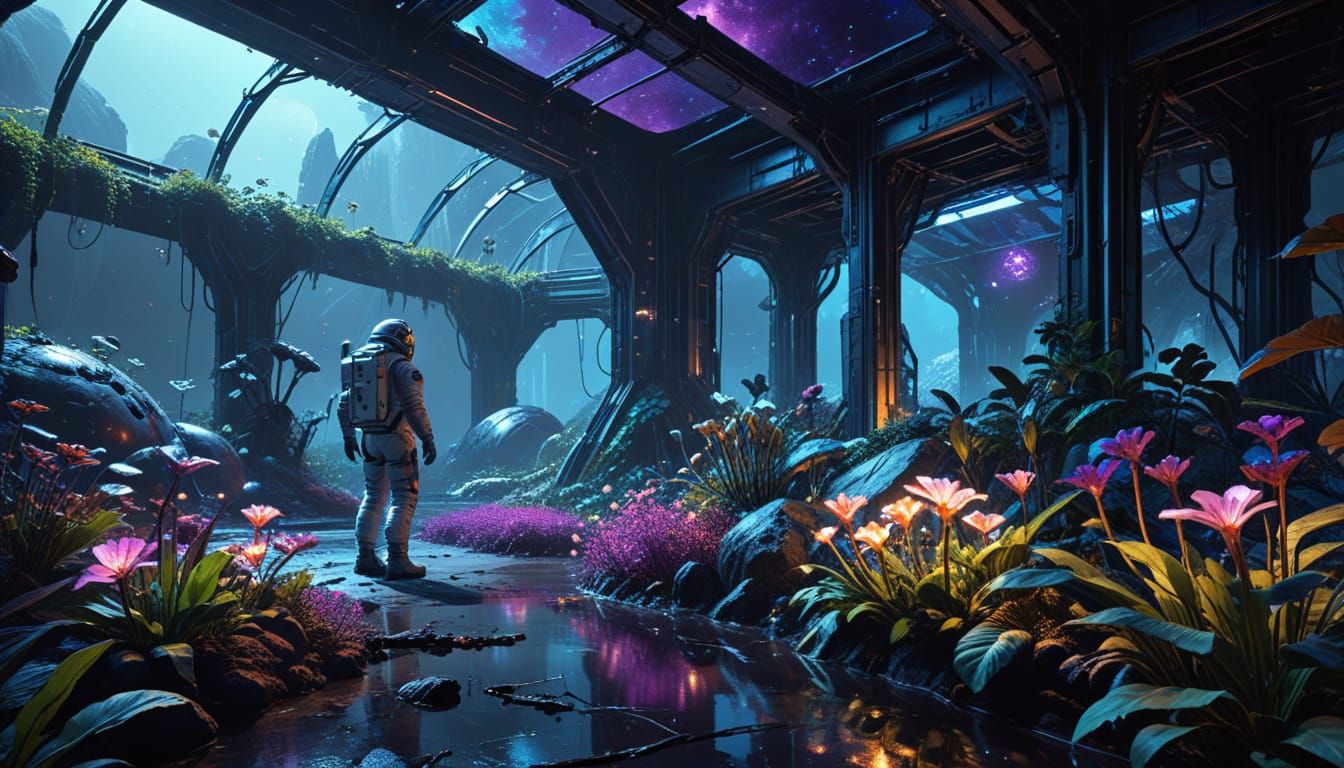 Astronaut and Bioluminescent Garden on Alien Planet