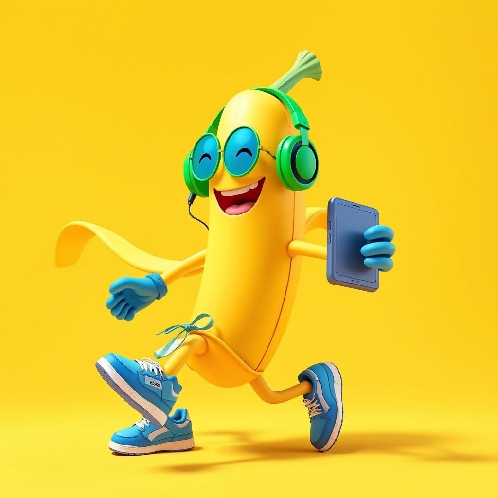 Joyful Banana Character Listening to Music in Anime Style