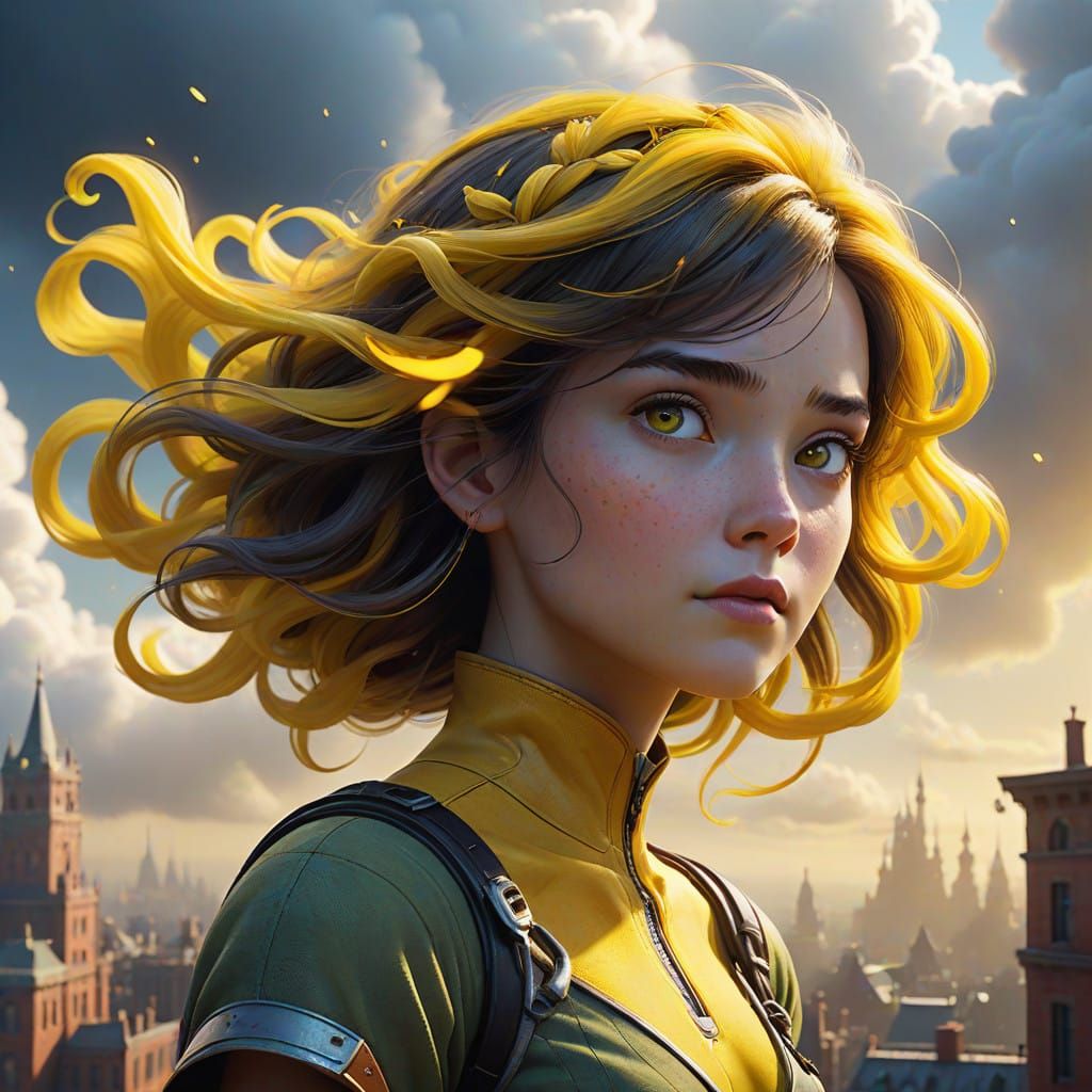 Whimsical Yellow Cloud Cityscape with Majestic Air Elemental...