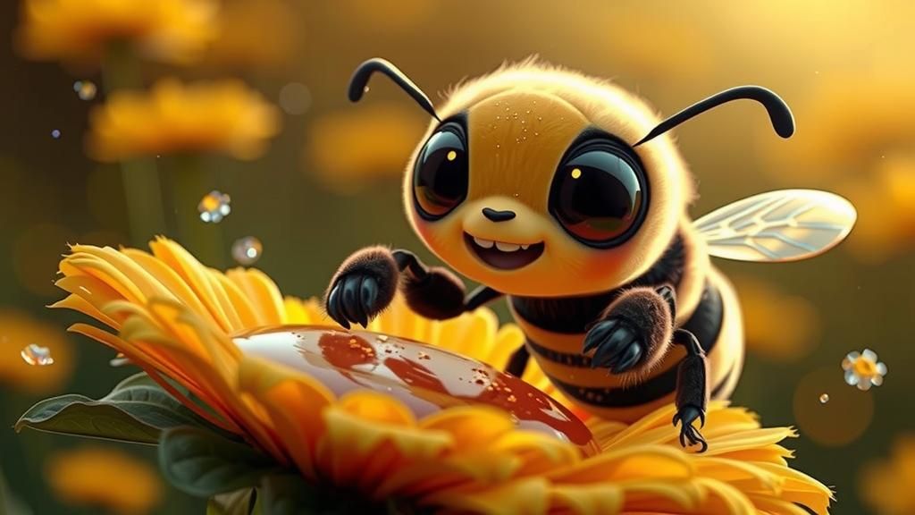 Anthropomorphic Baby Bee with Honey, Hyperrealistic 8K Image