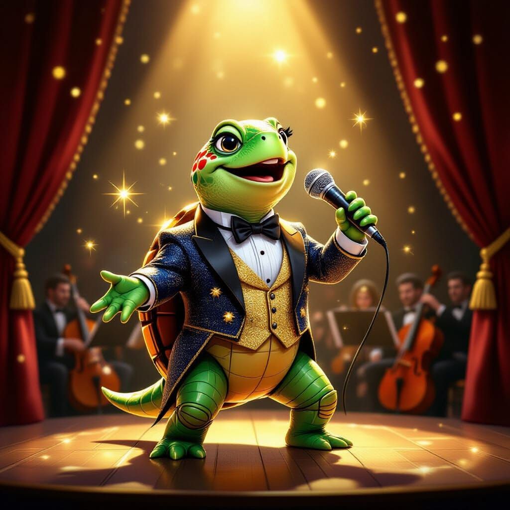 Glamorous Singing Turtle on Stage in Whimsical Style