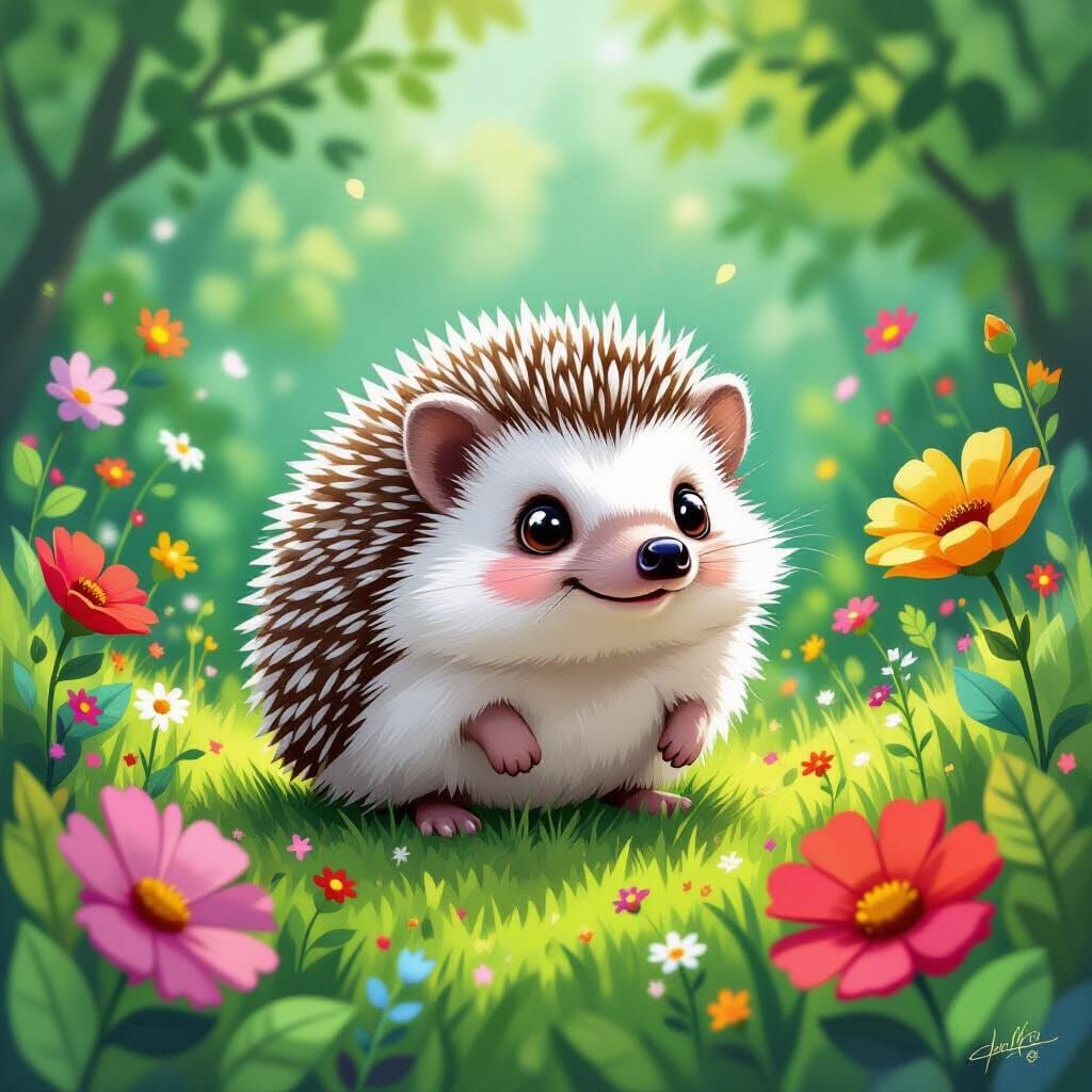 Whimsical Hedgehog in Lush, Fantastical Garden