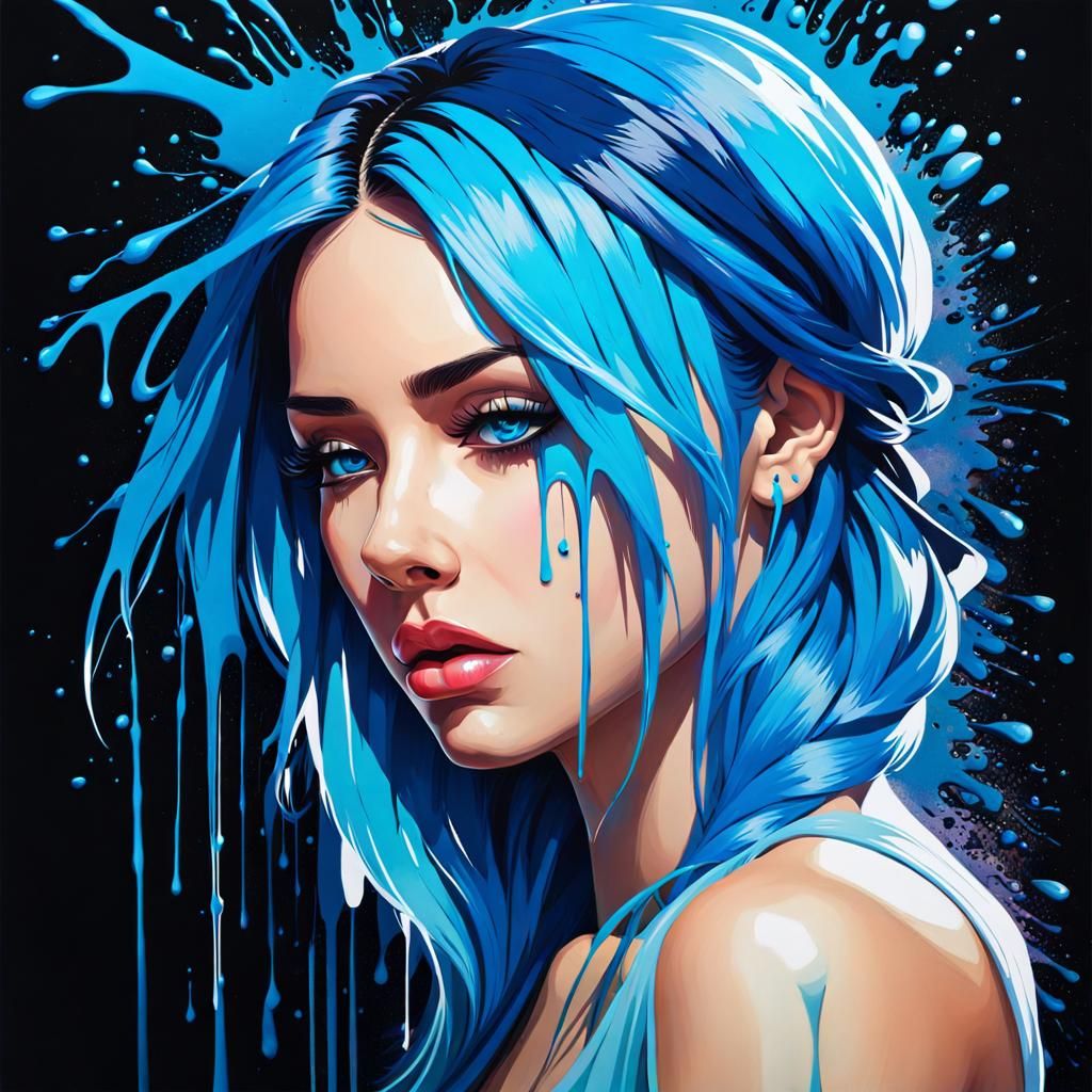Vibrant Blue Splash Art of a Sad Girl